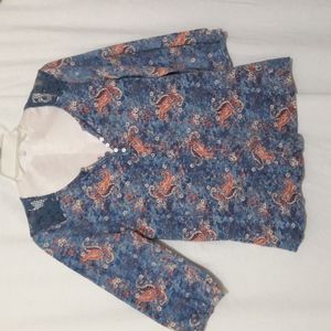 Lucky Brand Blouse Size Small Blue Paisley Print Lace Inlay 3/4 Sl…